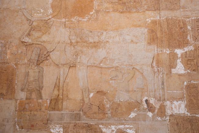 Hatshepsut som lille drikker mælk ved kogudinden Hathor